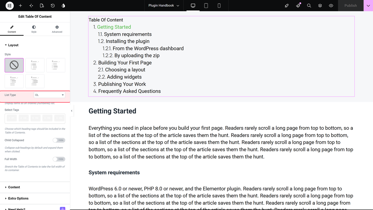 How to Add a Table of Contents in Elementor? List type dropdown outlined in the layout section, set to ol