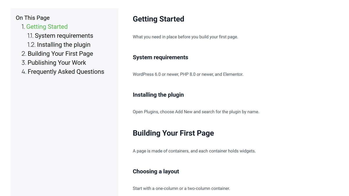 How to Add a Table of Contents in Elementor? Published page with child collapsed on: the sub-items under building your first page and publishing your work are folded away, while the section being read stays open
