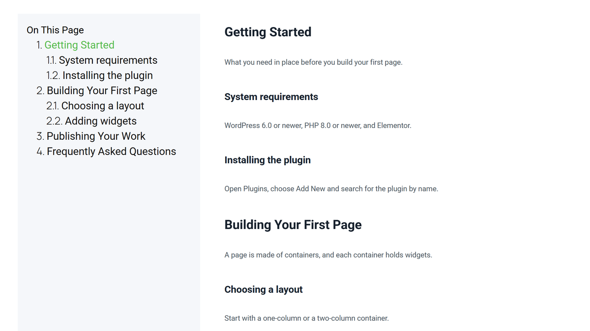 How to Add a Table of Contents in Elementor? Published page: the table of contents on the left lists the headings of the article on the right, with the section being read highlighted