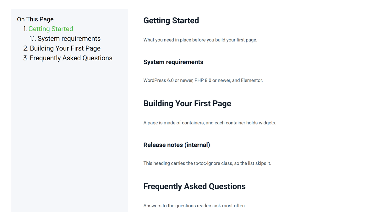 How to Exclude a Title from Table of Contents in Elementor? Published page: the heading marked with tp-toc-ignore is visible in the article but has no entry in the table of contents beside it