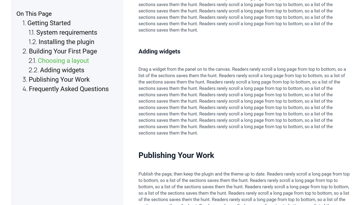 Published page scrolled well into the article, with the table of contents still pinned near the top of the screen beside it