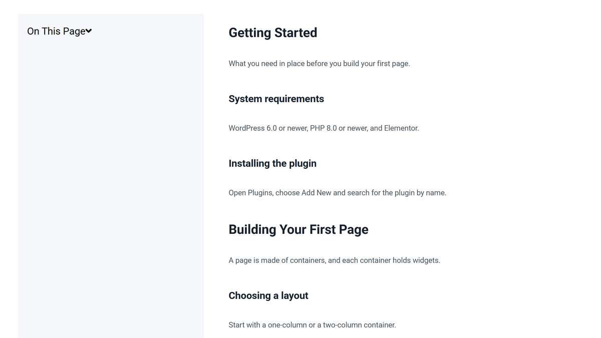 How to Create a Collapsible Table of Contents in Elementor? Published page: the table of contents folded away to its title row while the article is fully visible beside it