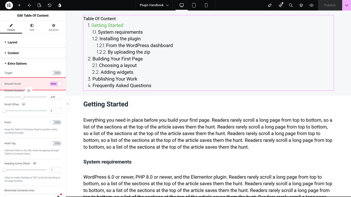 How to Add Smooth Scrolling Effect to Elementor Table of Contents? Extra options section with the smooth scroll switch turned on and outlined in the panel