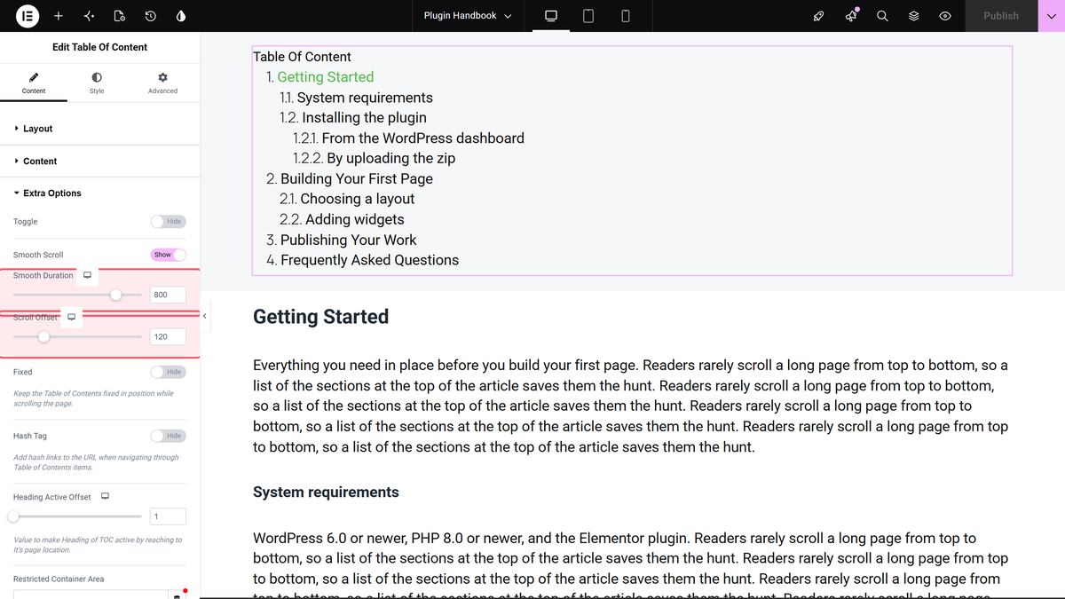 How to Add Smooth Scrolling Effect to Elementor Table of Contents? Smooth duration set to 800 and scroll offset set to 120, both outlined in the extra options section