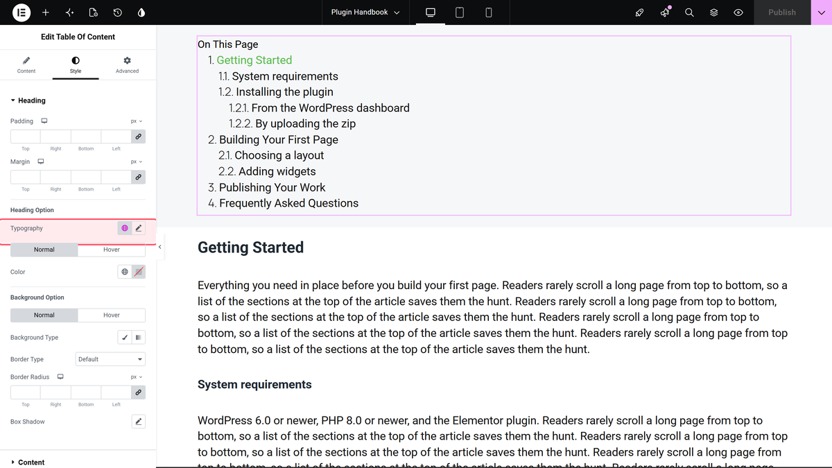 How to Add a Table of Contents in Elementor? Style tab, heading section, with the typography control outlined