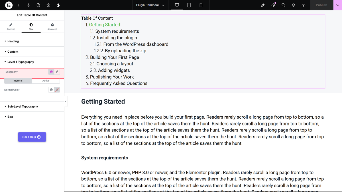 How to Add a Table of Contents in Elementor? Style tab, level 1 typography section, with the typography control outlined