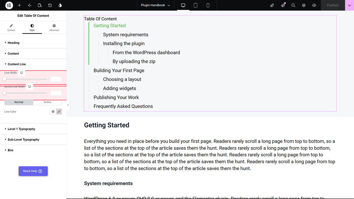 How to Add a Table of Contents in Elementor? Style tab, content line section with line width and active line width outlined, and the guide line beside the entries in the canvas