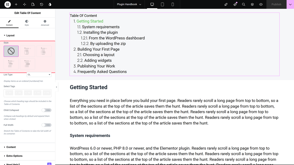 How to Add a Table of Contents in Elementor? Layout section of the table of content widget with the style picture chooser outlined, the table of contents showing beside it in the canvas