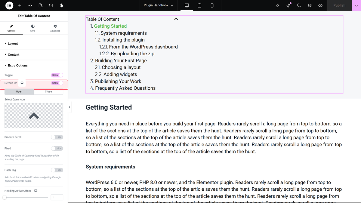 How to Create a Collapsible Table of Contents in Elementor? Default on switch outlined under toggle, with its device icons showing