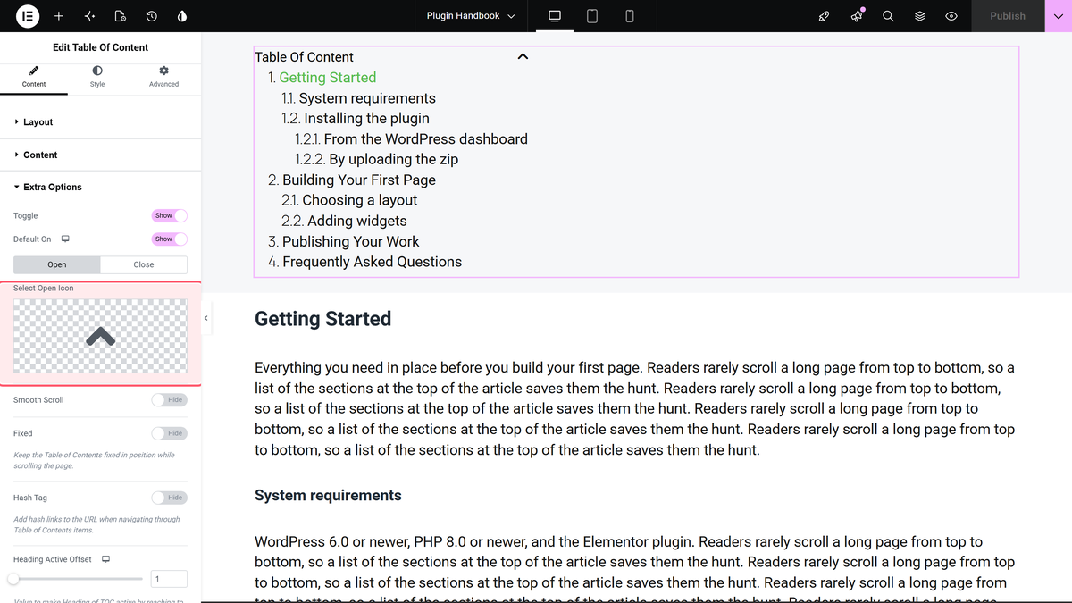 How to Create a Collapsible Table of Contents in Elementor? Open tab of the toggle icons with select open icon outlined