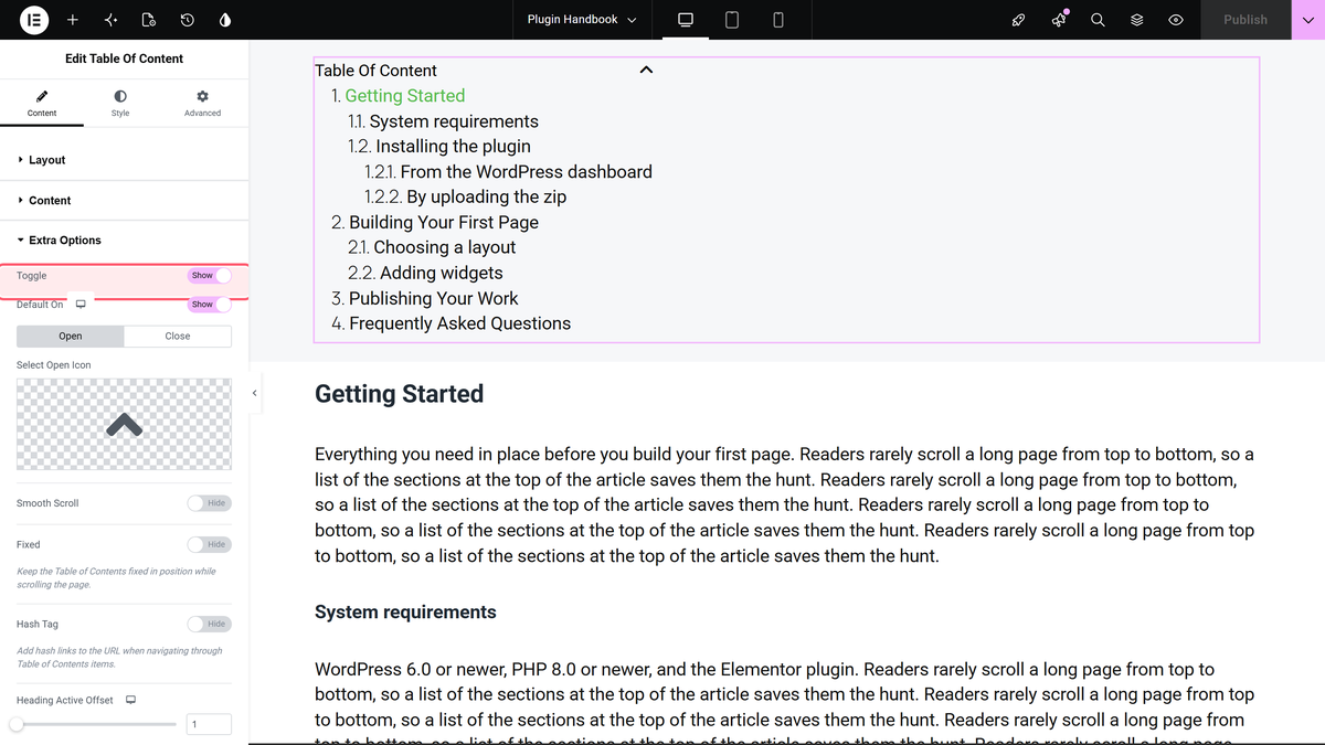 How to Create a Collapsible Table of Contents in Elementor? Extra options section with the toggle switch turned on and outlined in the panel