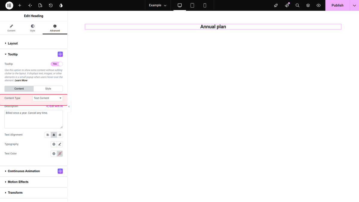 How to Add an Image Tooltip in Elementor? The content type dropdown, set to text content.