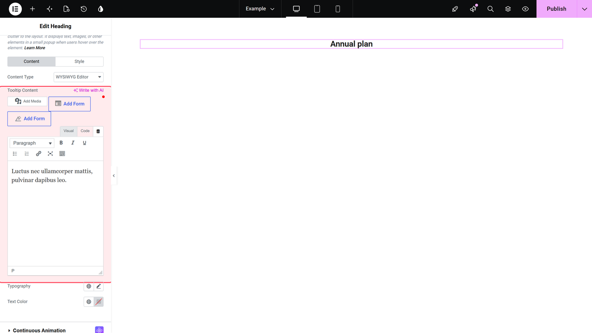 How to Add an Image Tooltip in Elementor? The tooltip content editor, shown with content type set to wysiwyg editor.