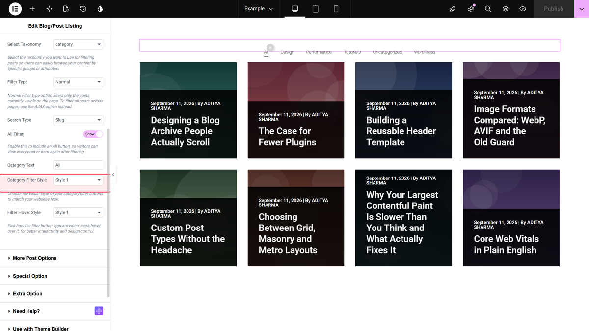 The category filter style dropdown with four preset styles