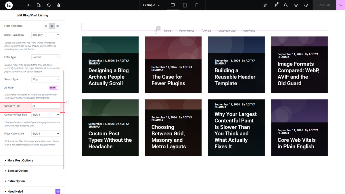 The all filter toggle and category text field in the category wise filter section