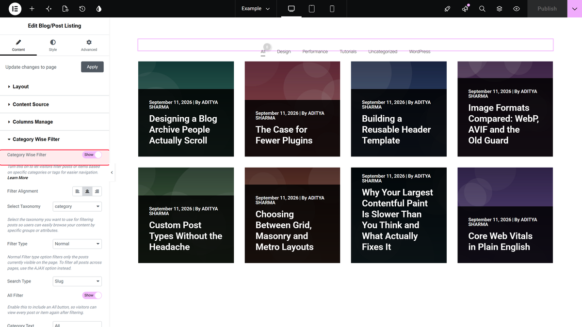 The category wise filter toggle switched on in the content tab