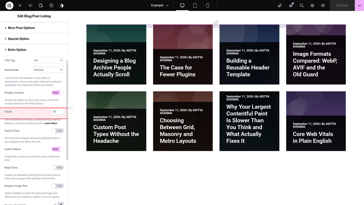 How to Limit the Post Excerpt in Elementor Blog Posts? The count field below display content set to trim the excerpt