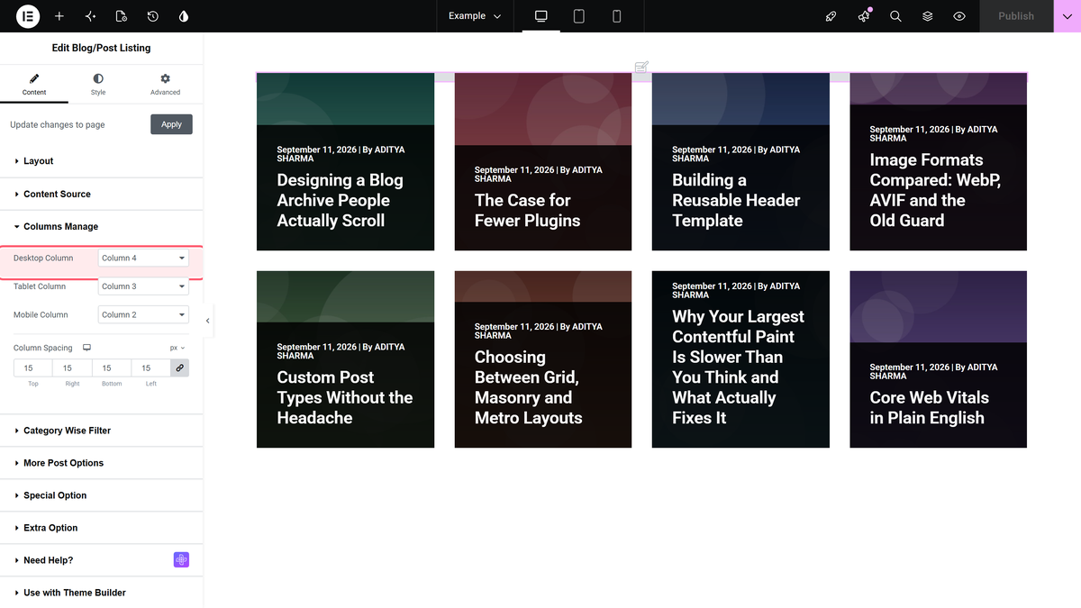 How to Show Blog Posts in Grid Layout in Elementor? The desktop column dropdown in content > columns manage