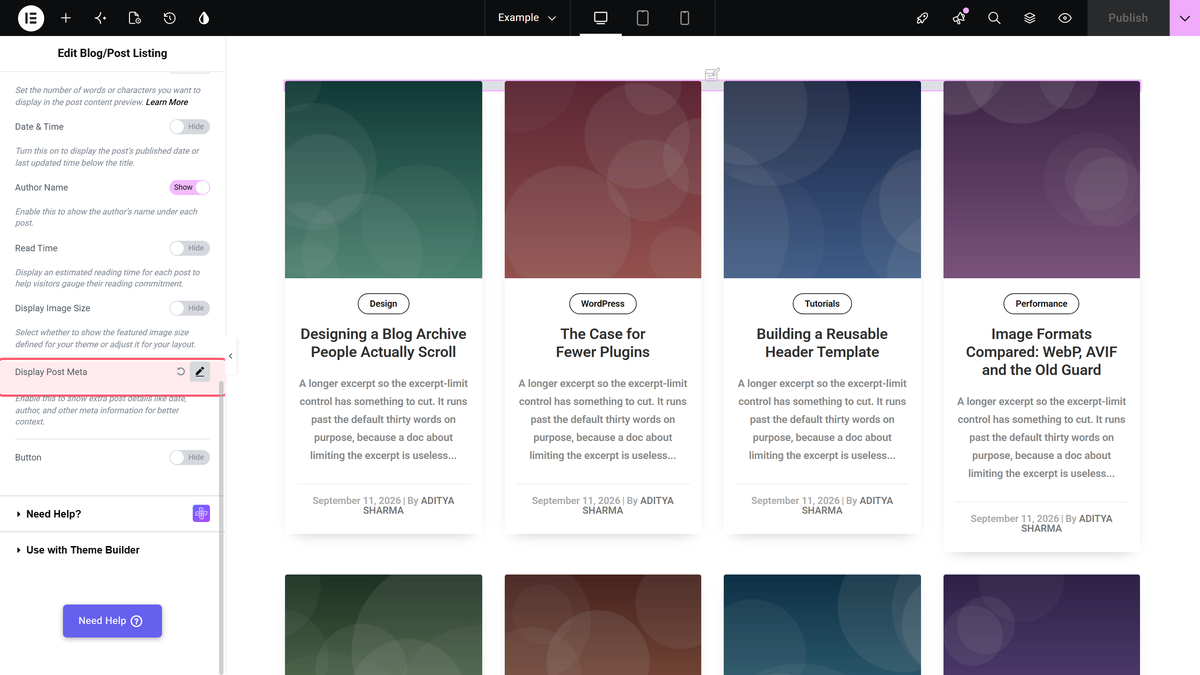 How to Hide Author Name in Elementor Blog Posts? The display post meta control in content > extra option
