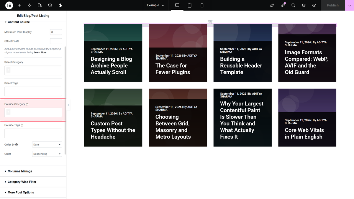 How to Exclude Blog Post based on Category and Tags? The exclude category field in content > content source