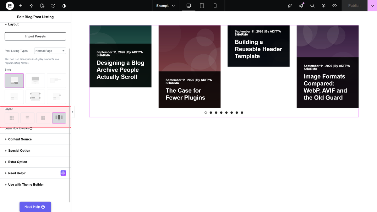 The layout control in the blog listing panel with carousel selected