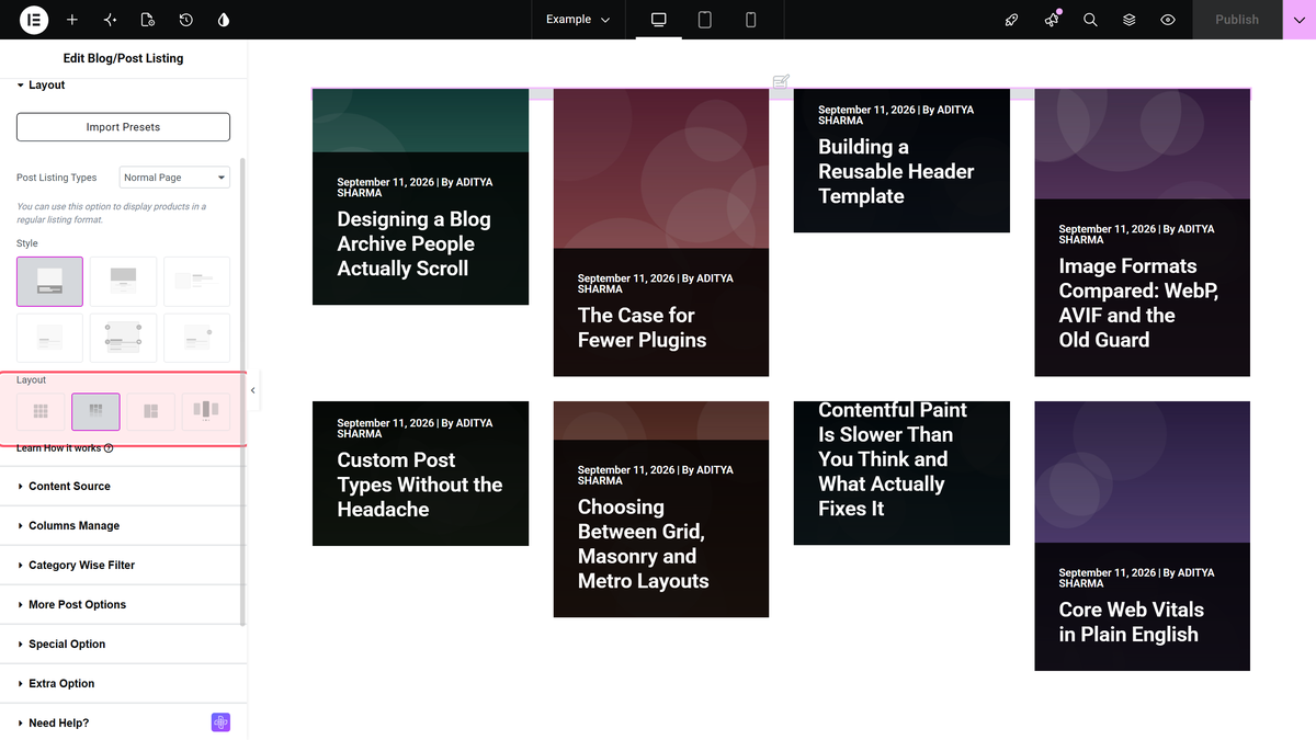 The layout control in the blog listing panel with masonry selected