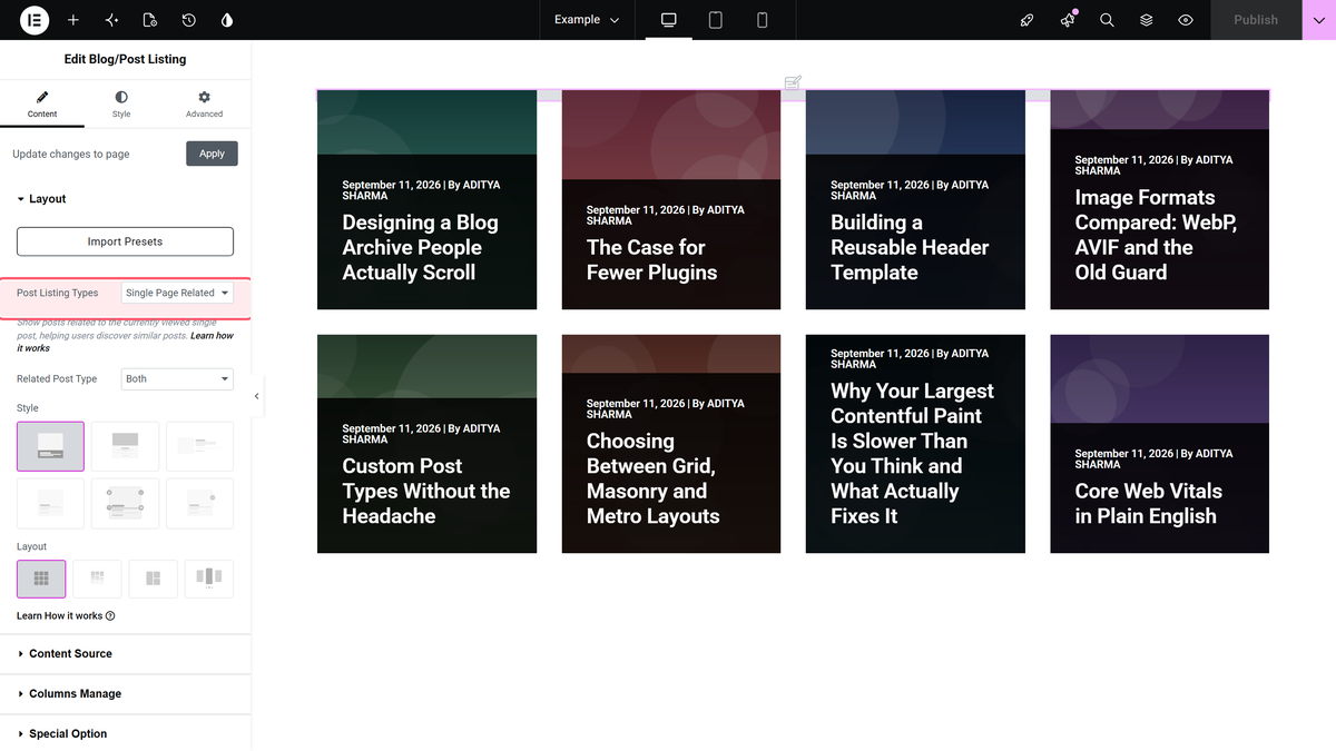 Post listing types set to single page related posts in content > layout