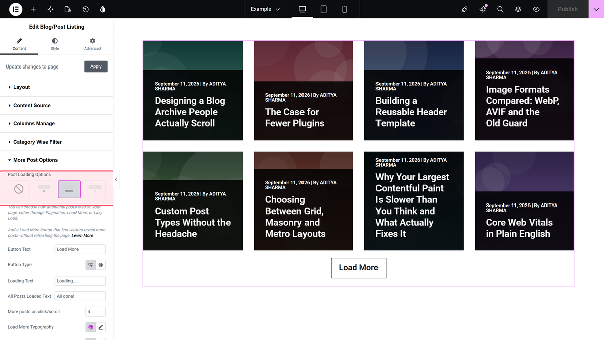 Post loading options set to load more in content > more post options