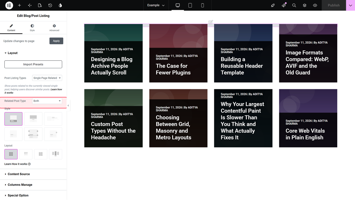The related post type dropdown with based on category, based on tags and both