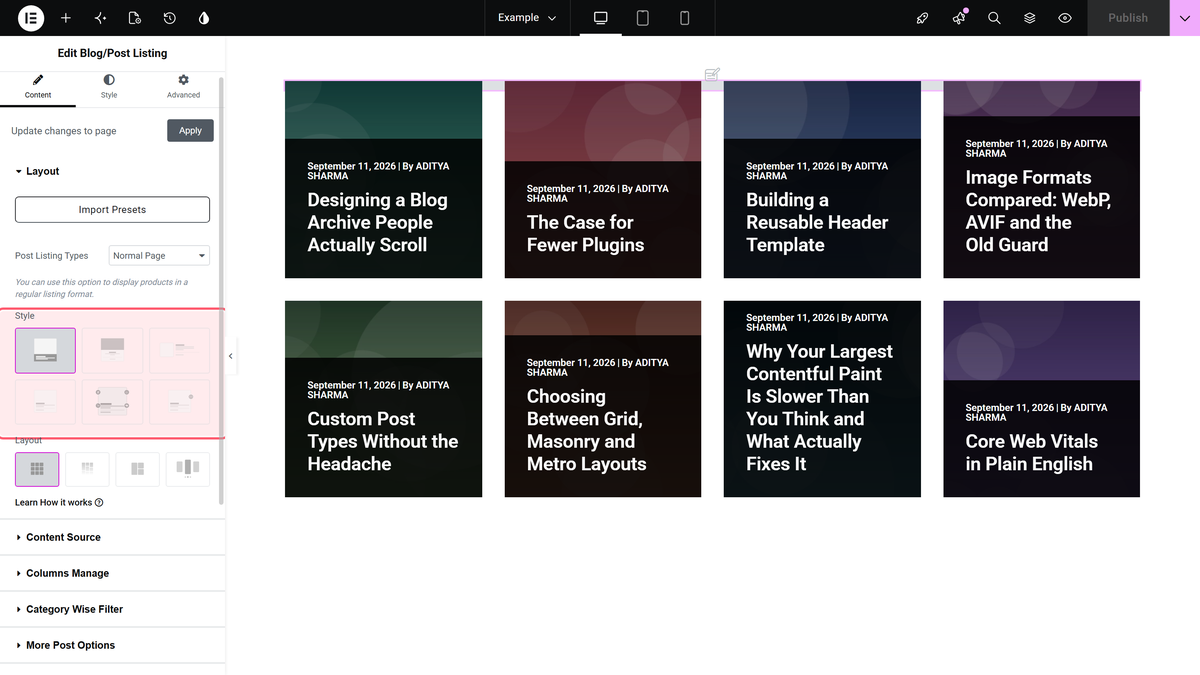 How to Show Blog Posts in Grid Layout in Elementor? The style picker in content > layout