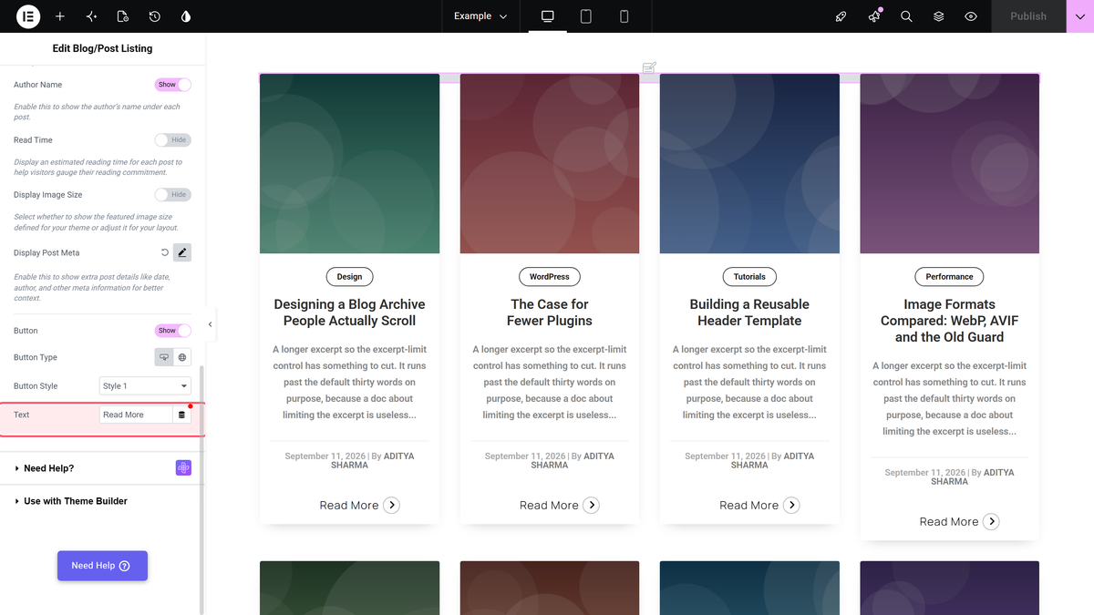 How to Add a Read More Button in Blog Posts in Elementor? The text field holding the read more label