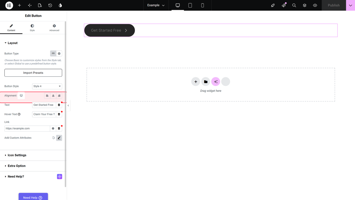 The alignment control highlighted, showing the responsive device switcher