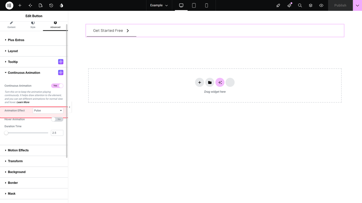The animation effect dropdown highlighted, showing pulse selected