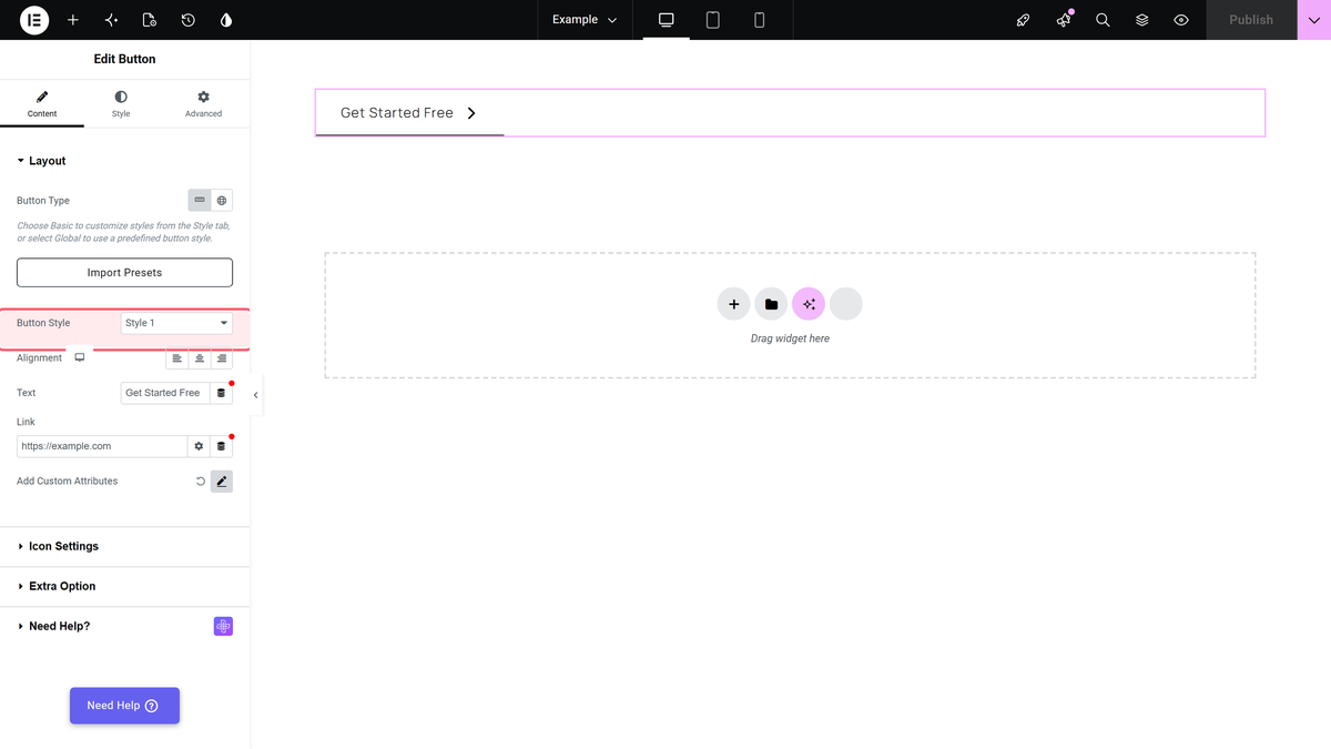 The button style dropdown highlighted in the elementor panel