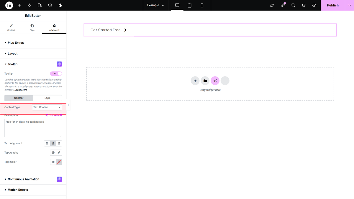 How to Add Tooltip Text to Elementor Button? The content type dropdown highlighted inside the tooltip section