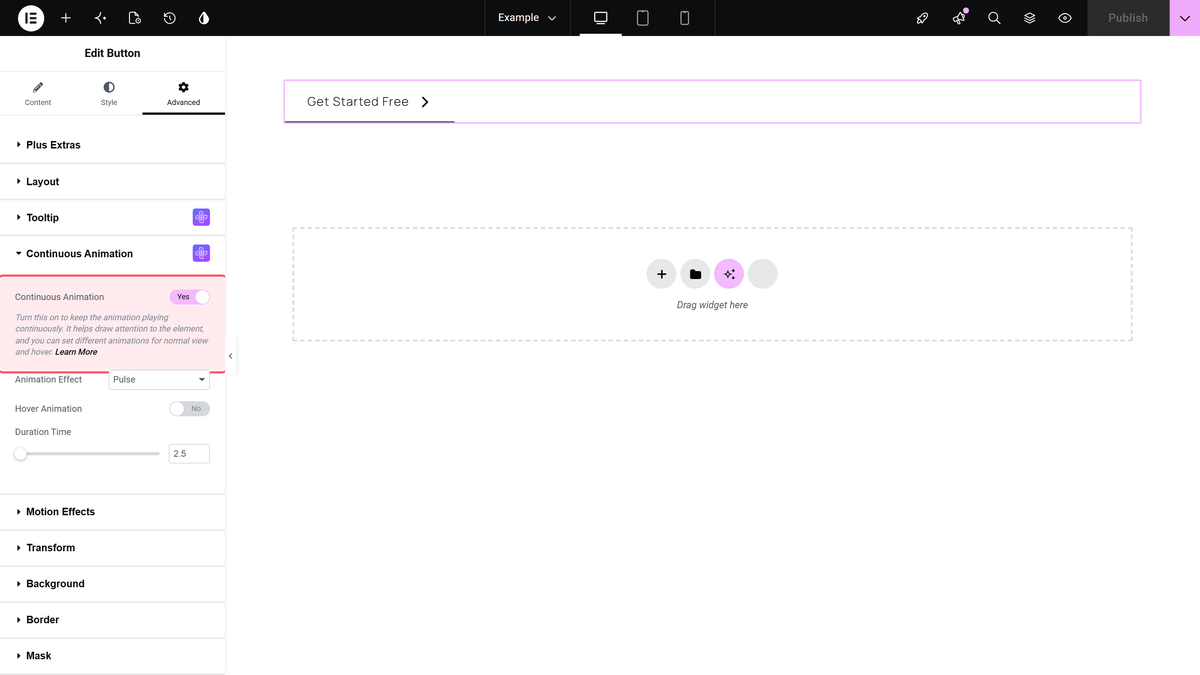 The advanced tab open with the continuous animation section expanded and the toggle set to yes
