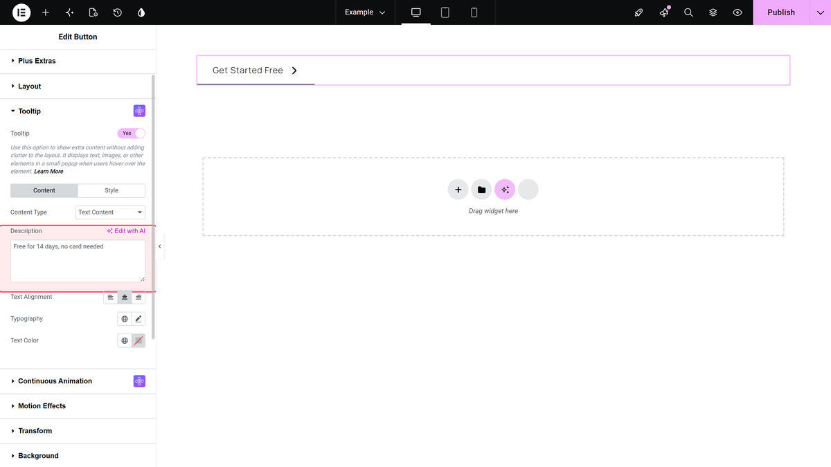 How to Add Tooltip Text to Elementor Button? The description textarea highlighted, holding the tooltip text