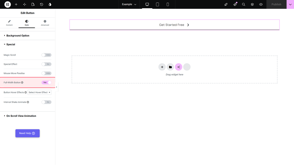 Full-width button switched to yes in style > special, with the button now spanning the whole container on the canvas
