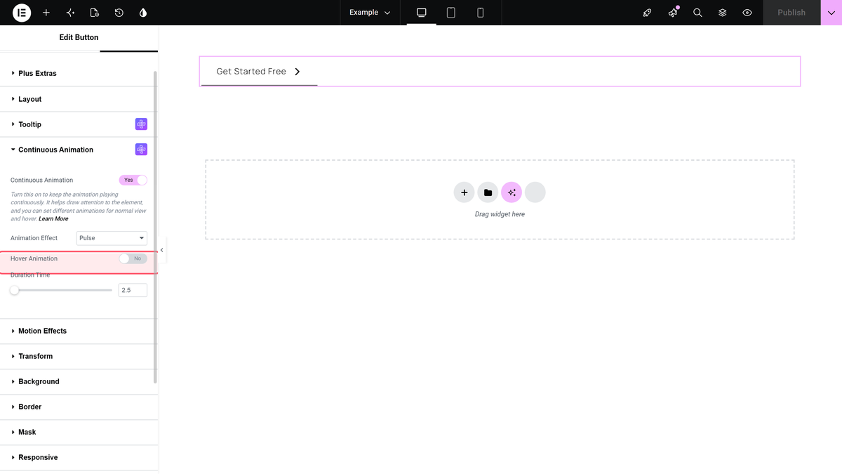 The hover animation toggle highlighted inside the continuous animation section
