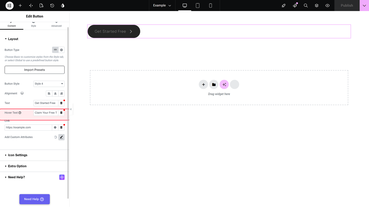 The hover text field highlighted in the button widget's layout section