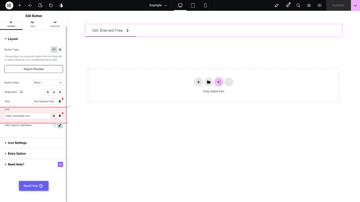 The link field highlighted in the button widget's layout section