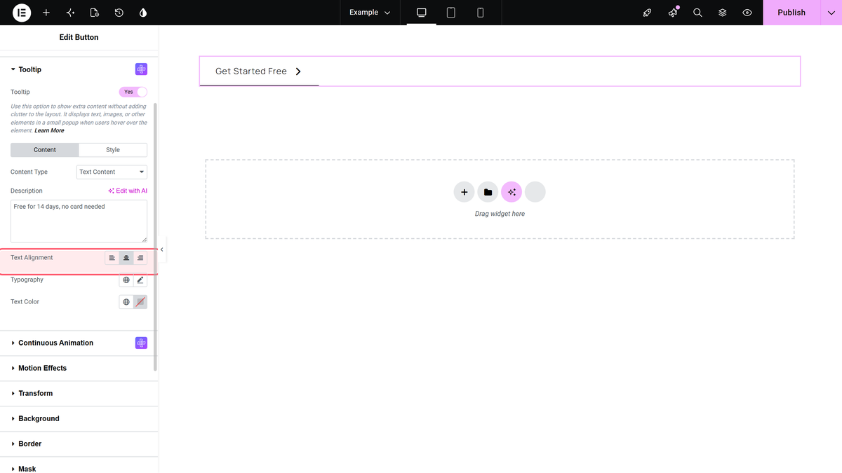 How to Add Tooltip Text to Elementor Button? The text alignment control highlighted inside the tooltip section