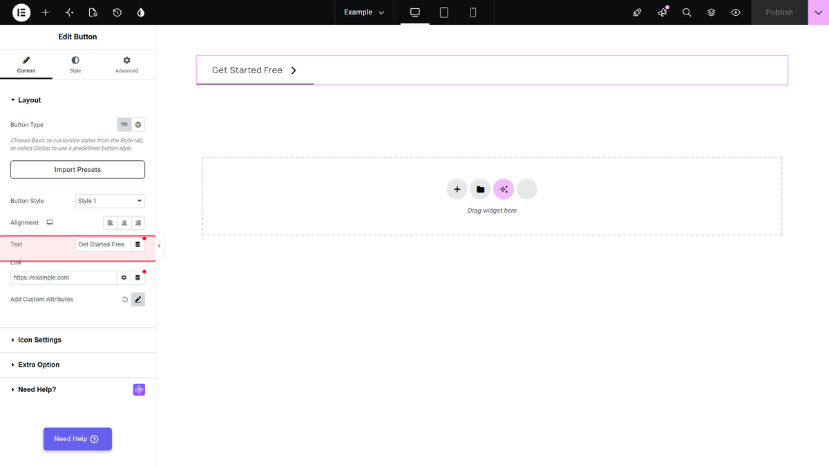 The text field highlighted in the button widget, with the label updating live on the canvas