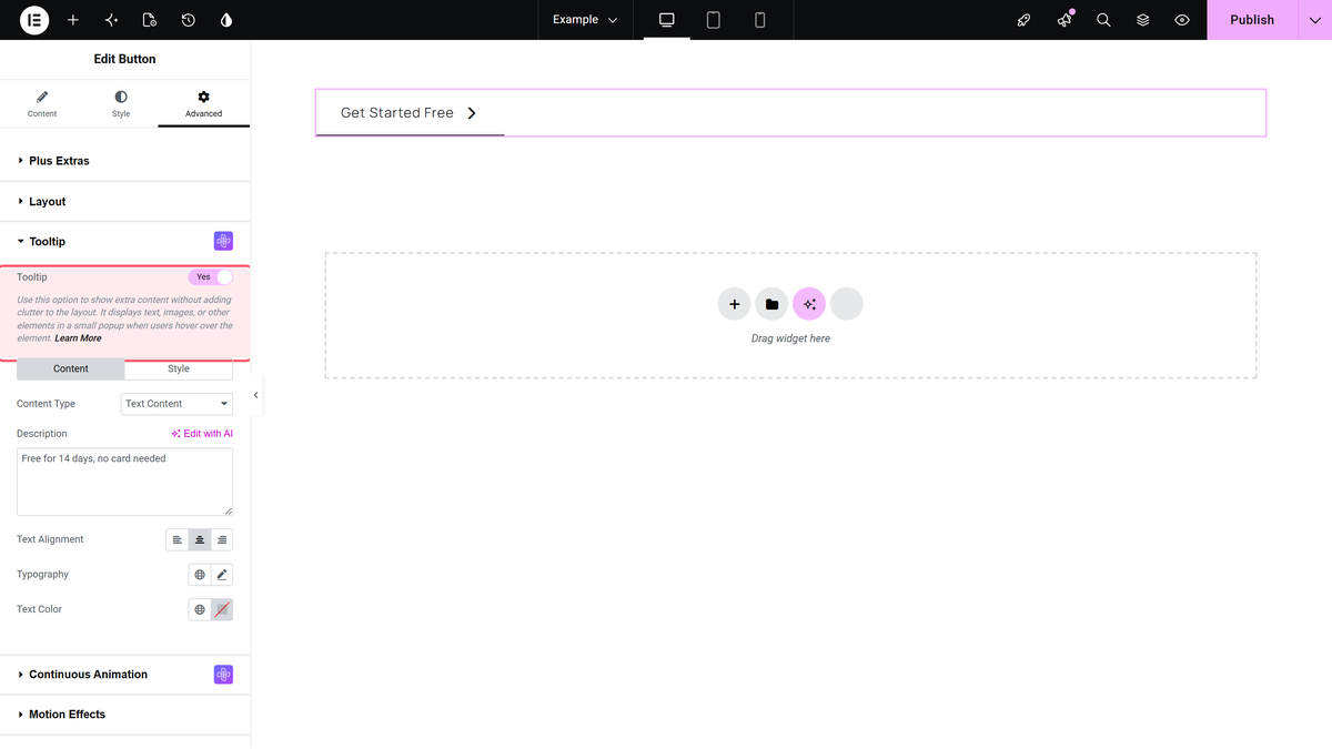 How to Add Tooltip Text to Elementor Button? The advanced tab open with the tooltip section expanded and the toggle set to yes