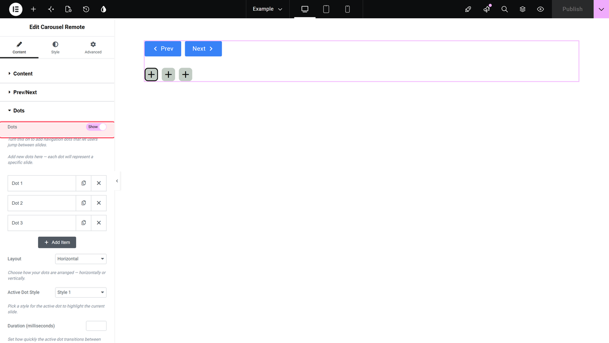 How to connect a Carousel Remote Sync (Dots & Arrows) with Elementor Blog Posts Carousel? The dots switch and dot items in the dots section of the carousel remote widget