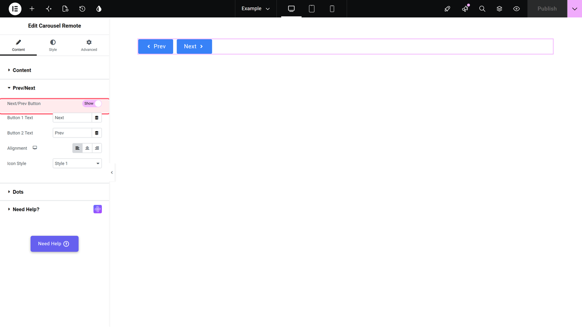 How to connect a Carousel Remote Sync (Dots & Arrows) with Elementor Blog Posts Carousel? The next/prev button switch in the prev/next section of the carousel remote widget