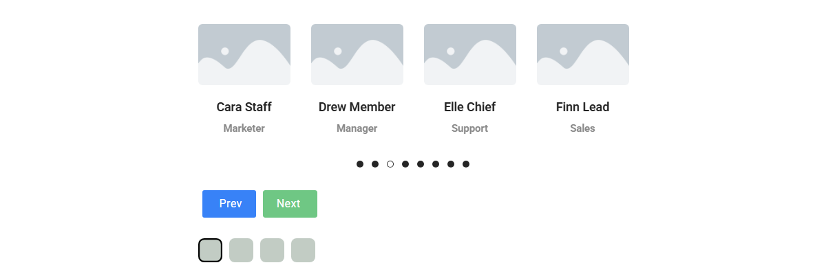 How to connect a Carousel Remote Sync (Dots & Arrows) with Elementor Blog Posts Carousel? The carousel remote widget's next, prev and dot controls next to a connected carousel on the front end