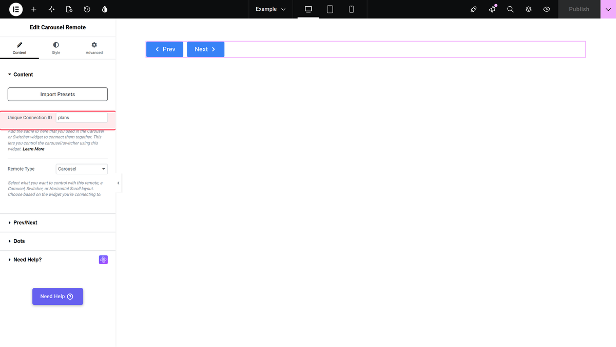 How to connect a Carousel Remote Sync (Dots & Arrows) with Elementor Blog Posts Carousel? The unique connection id and remote type fields of the carousel remote widget