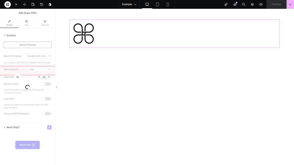 Draw SVG Widget: Settings Overview The select svg icon control, the built-in icon-library option