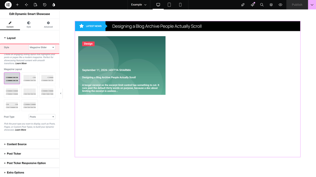 How to connect a Carousel Remote Sync (Dots & Arrows) with Elementor Magazine Slide? The style dropdown of the dynamic smart showcase widget set to magazine slider